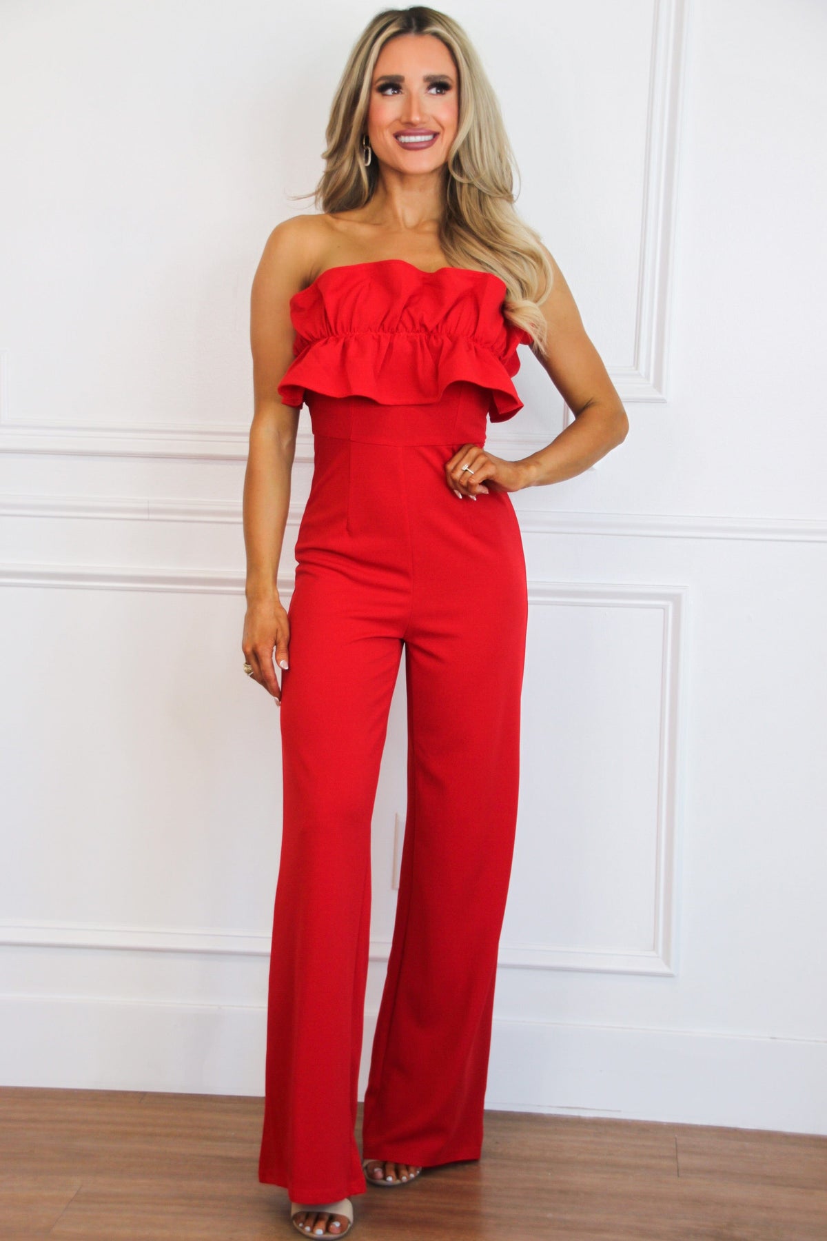 Bella and Bloom Boutique - Love Swept Ruffle Jumpsuit: Red