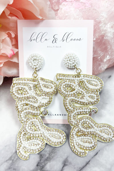 Cursive Bride Beaded Earrings: White - Bella and Bloom Boutique