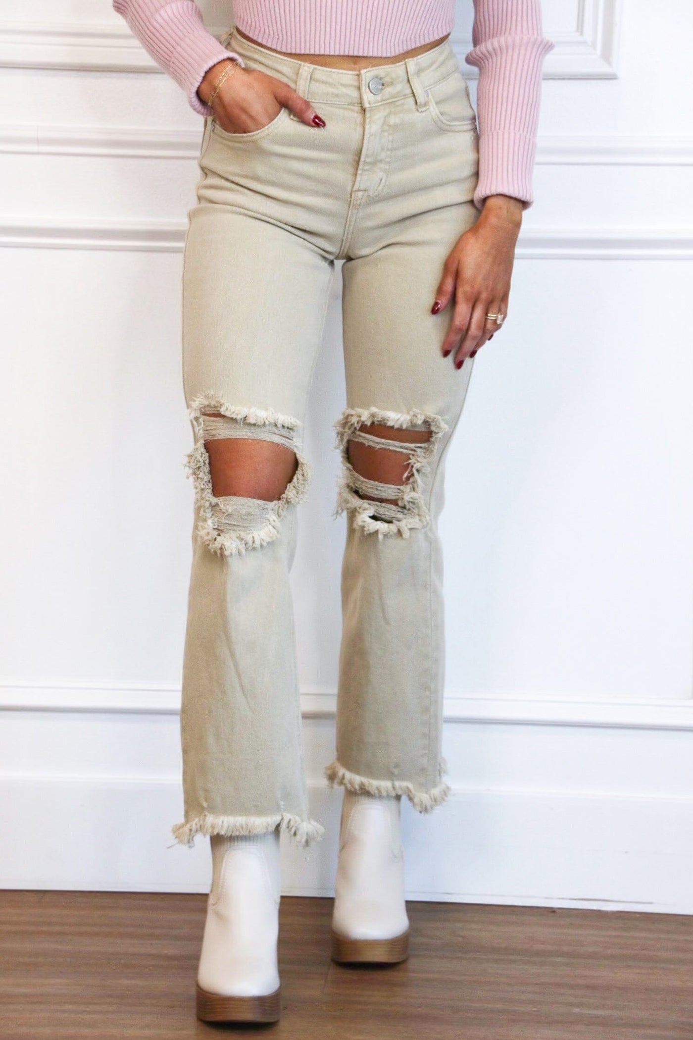 Riva Distressed High Rise Straight Denim: Sand - Bella and Bloom Boutique