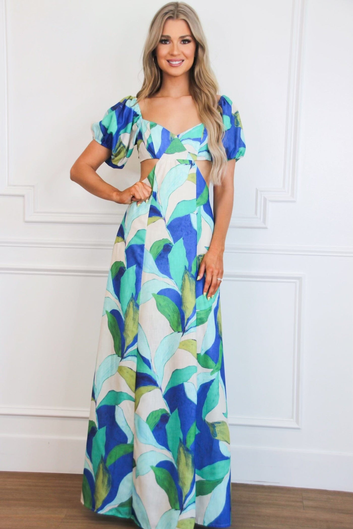 Eyes on Paradise Cutout Floral Maxi Dress: Blue Multi - Bella and Bloom Boutique