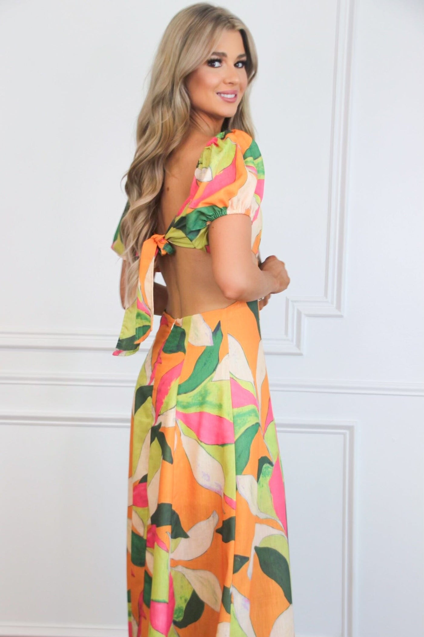 Eyes on Paradise Cutout Floral Maxi Dress: Orange/Lime Multi - Bella and Bloom Boutique