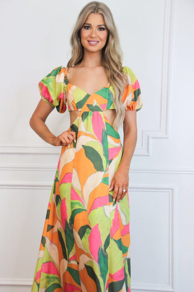 Eyes on Paradise Cutout Floral Maxi Dress: Orange/Lime Multi - Bella and Bloom Boutique