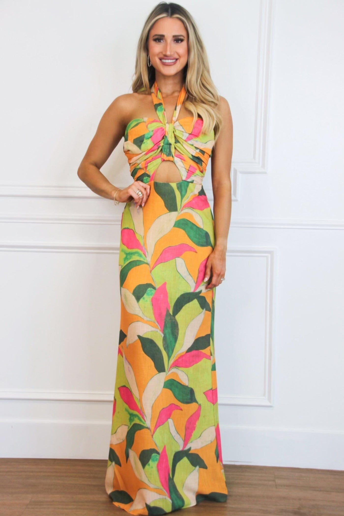 Aura Halter Floral Maxi Dress: Orange/Lime Multi - Bella and Bloom Boutique