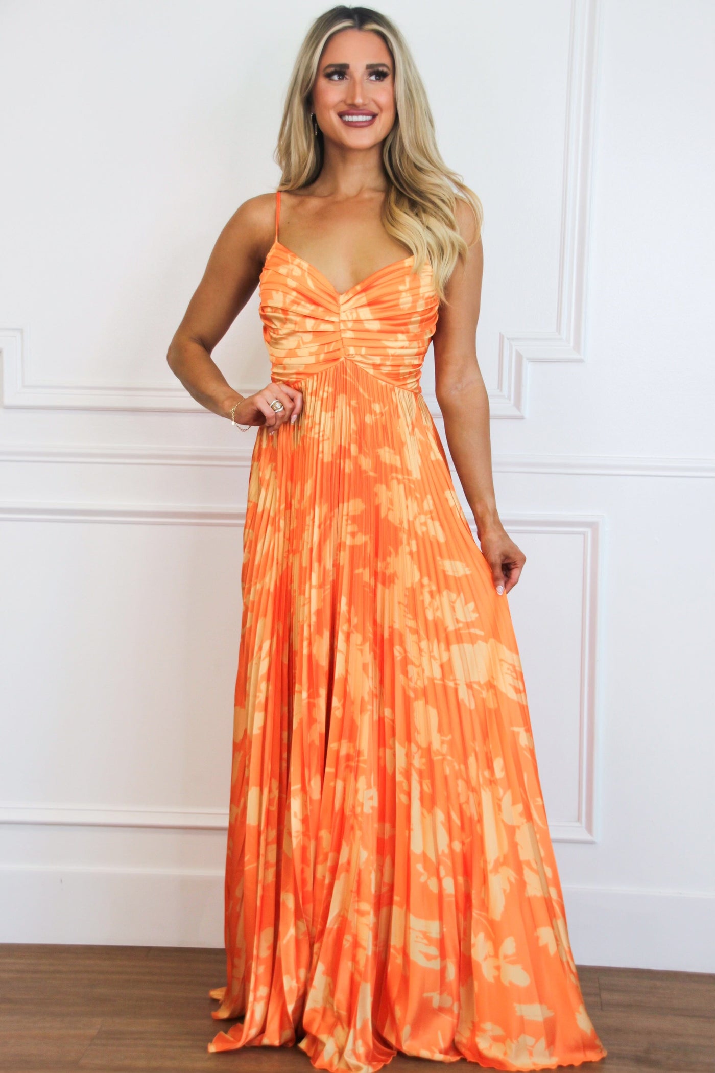 Electric Sunshine Floral Pleated Maxi Dress: Bright Orange/Yellow - Bella and Bloom Boutique