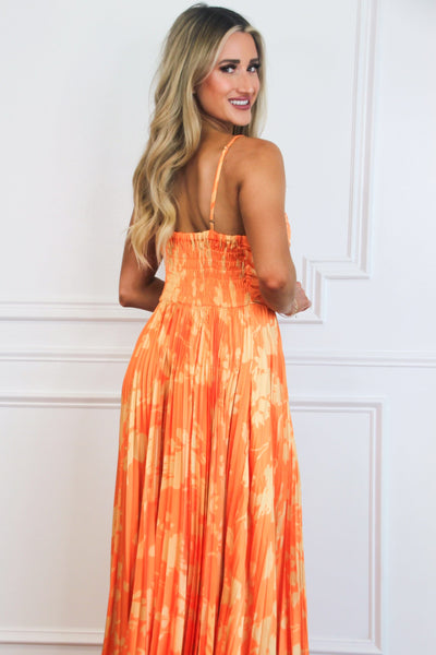 Electric Sunshine Floral Pleated Maxi Dress: Bright Orange/Yellow - Bella and Bloom Boutique