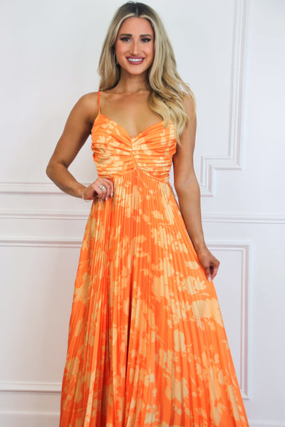 Electric Sunshine Floral Pleated Maxi Dress: Bright Orange/Yellow - Bella and Bloom Boutique