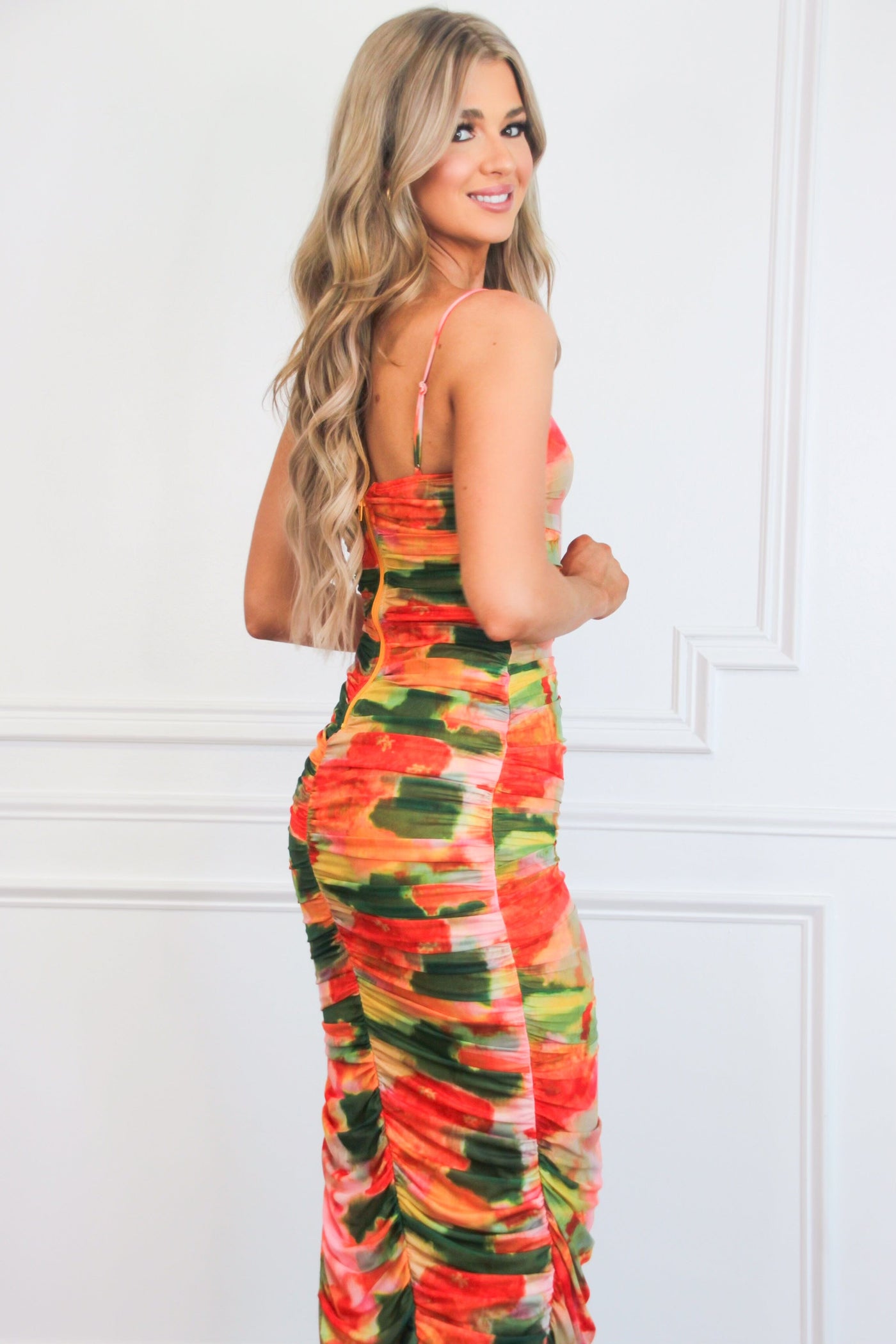 Blaise Ruched Abstract Midi Dress: Orange Multi - Bella and Bloom Boutique