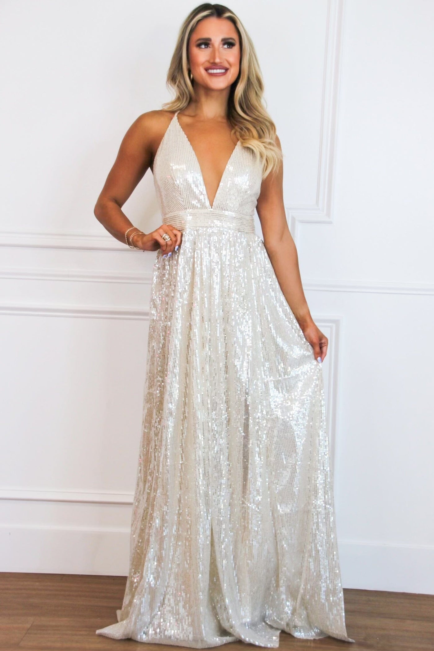 Hollywood Glam Sequin Maxi Dress: Nude/Silver Champagne - Bella and Bloom Boutique