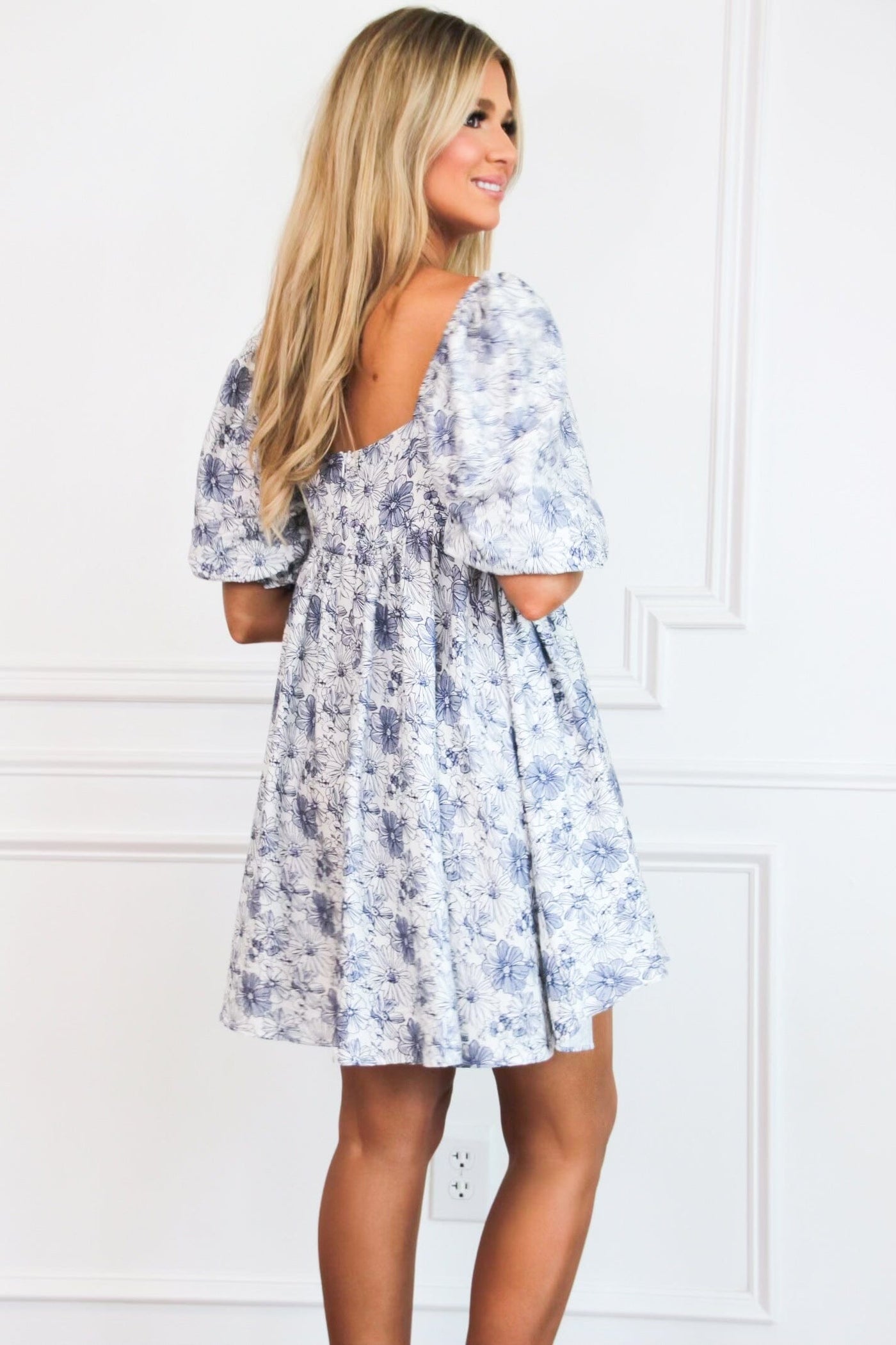 Daisy Floral Babydoll Dress: White/Navy - Bella and Bloom Boutique