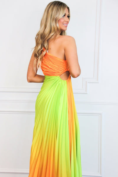 St Tropez Ombre Pleated One Shoulder Maxi Dress: Orange/Green Multi - Bella and Bloom Boutique