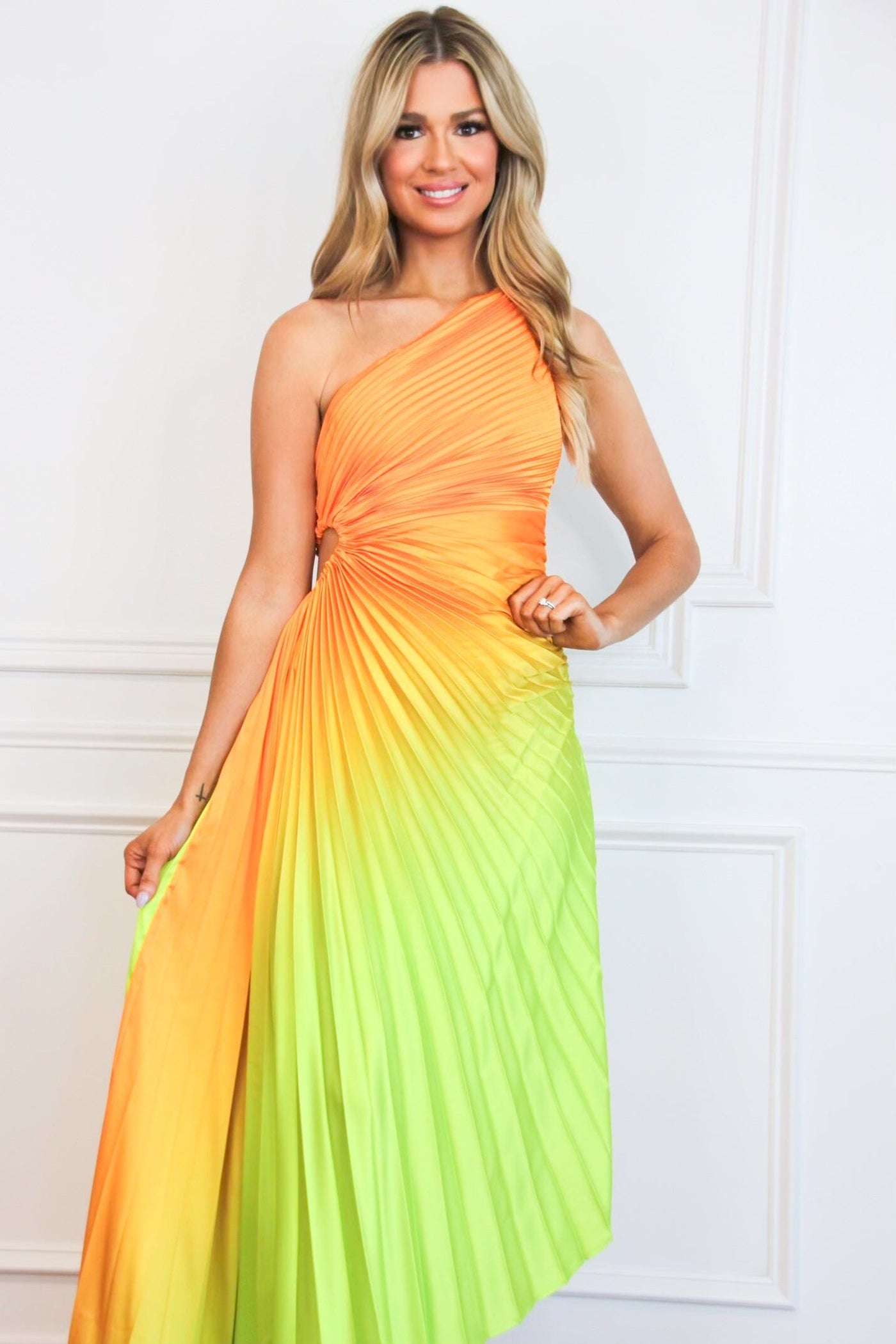 Bella and Bloom Boutique - St Tropez Ombre Pleated One Shoulder Maxi Dress: Orange/Green Multi Large / Orange/Green Multi Bella and Bloom Boutique - St Tropez Ombre Pleated One Shoulder Maxi Dress: Orange/Green Multi Large / Orange/Green Multi