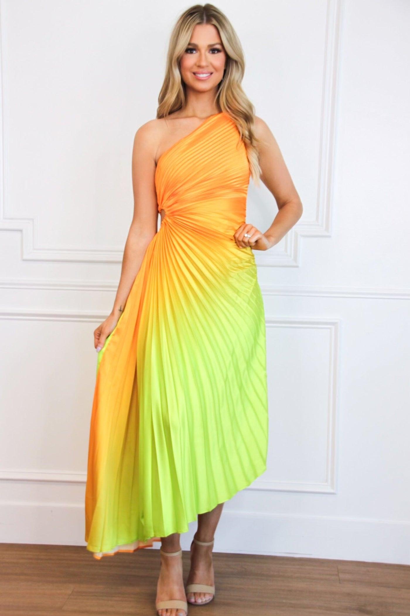 St Tropez Ombre Pleated One Shoulder Maxi Dress: Orange/Green Multi - Bella and Bloom Boutique