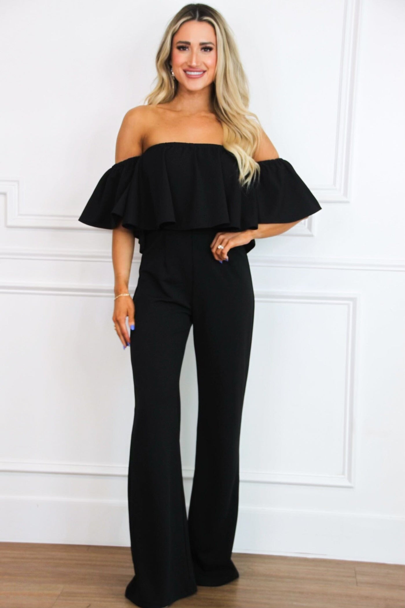 Darcy Off Shoulder Jumpsuit: Black - Bella and Bloom Boutique