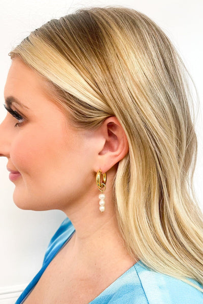 Samantha Hoop Tri Pearl Drop Earrings: Gold - Bella and Bloom Boutique