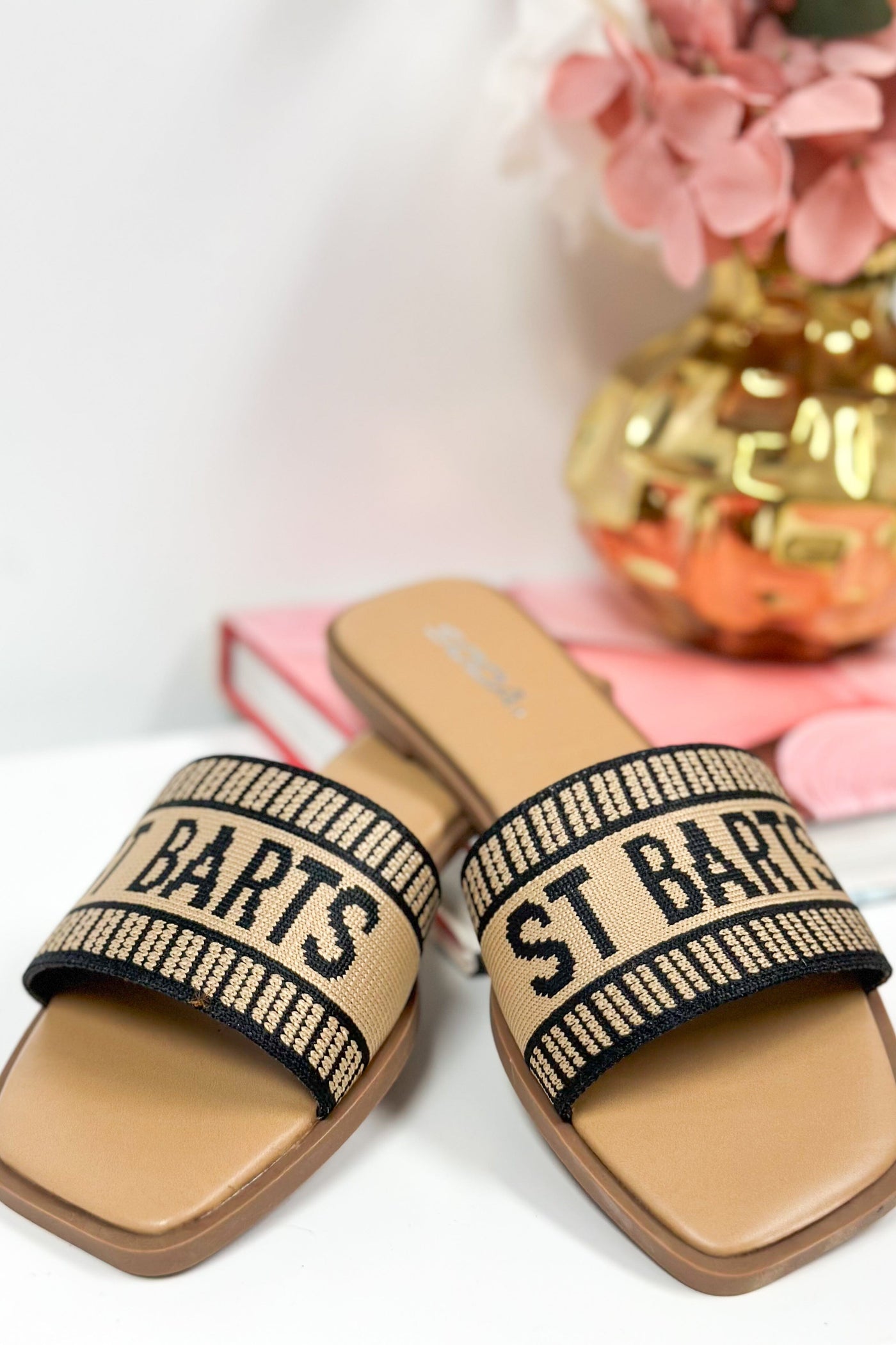 St. Barts Sandals: Tan/Black - Bella and Bloom Boutique