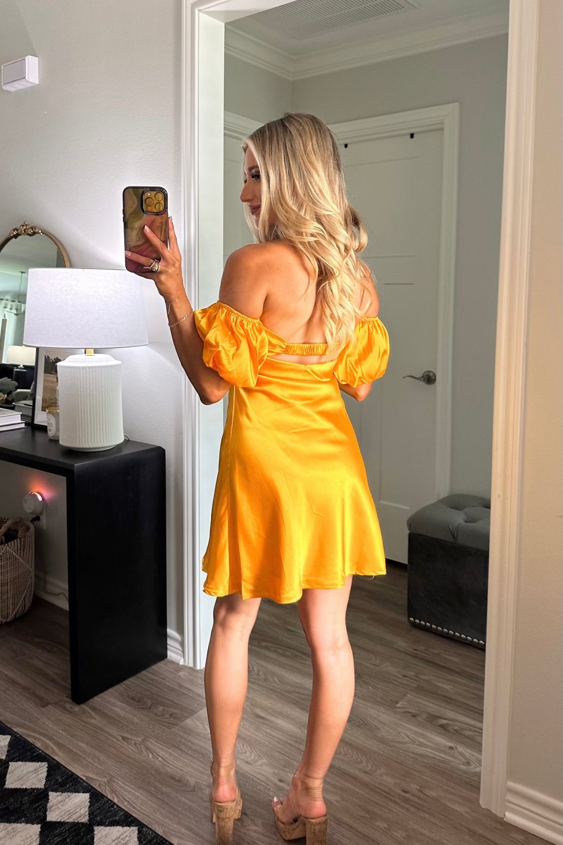 High Standards Satin Off Shoulder Dress: Mustard - Bella and Bloom Boutique