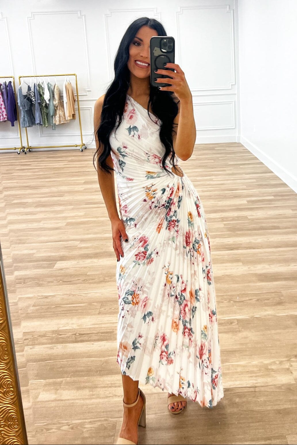 white floral asymmetric dress Sheer Floral Gown With Asymmetric Sleeves