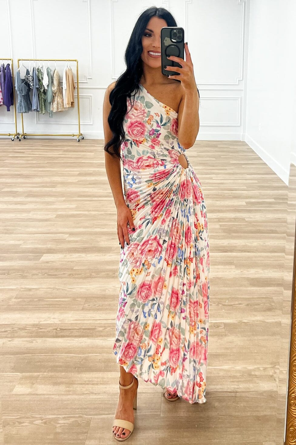Bella and Bloom Boutique -Novelle One Shoulder Pleated Asymmetrical Maxi Dress: Dreamy Bloom Floral Multi Small / White