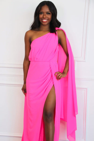 Athena One Shoulder Cape Sleeve Maxi Dress: Electric Pink - Bella and Bloom Boutique