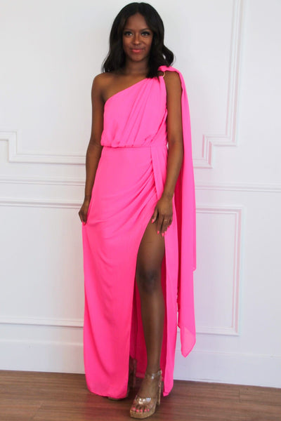 Athena One Shoulder Cape Sleeve Maxi Dress: Electric Pink - Bella and Bloom Boutique