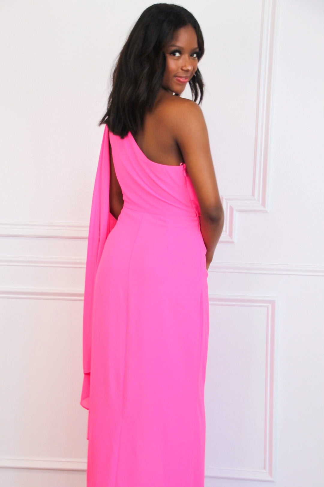 Athena One Shoulder Cape Sleeve Maxi Dress: Electric Pink – Bella and Bloom  Boutique