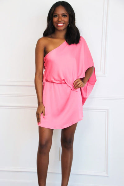 A Beautiful Night One Shoulder Satin Dress: Pink - Bella and Bloom Boutique
