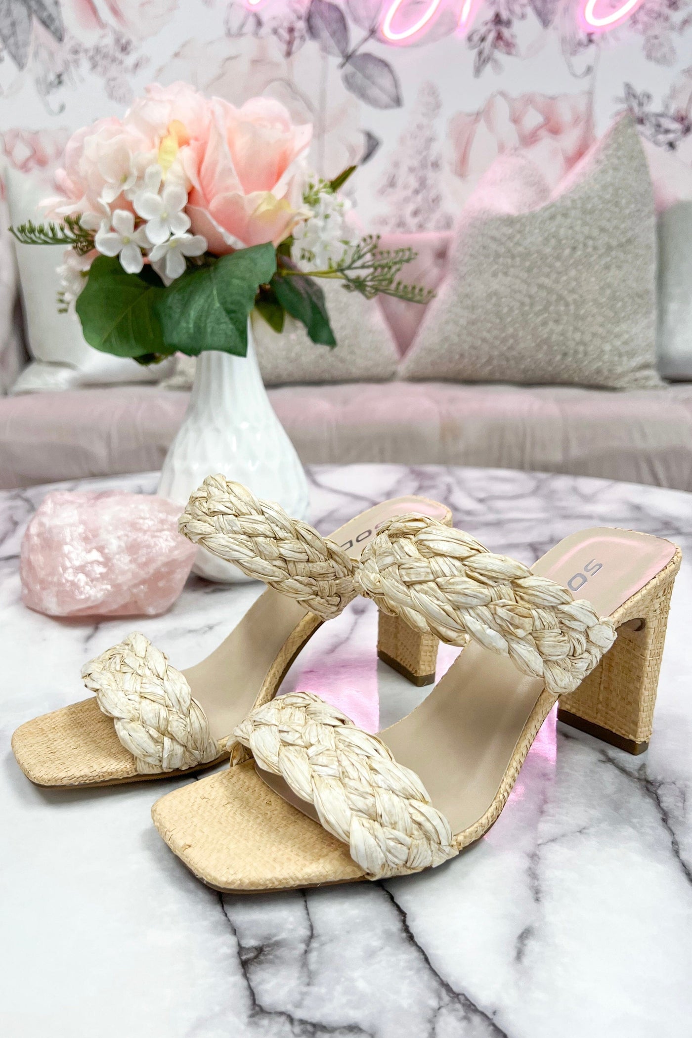 Guilia Raffia Block Heels: Natural - Bella and Bloom Boutique