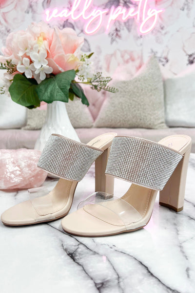 Bixby Embellished Clear Strap Heels: Nude - Bella and Bloom Boutique