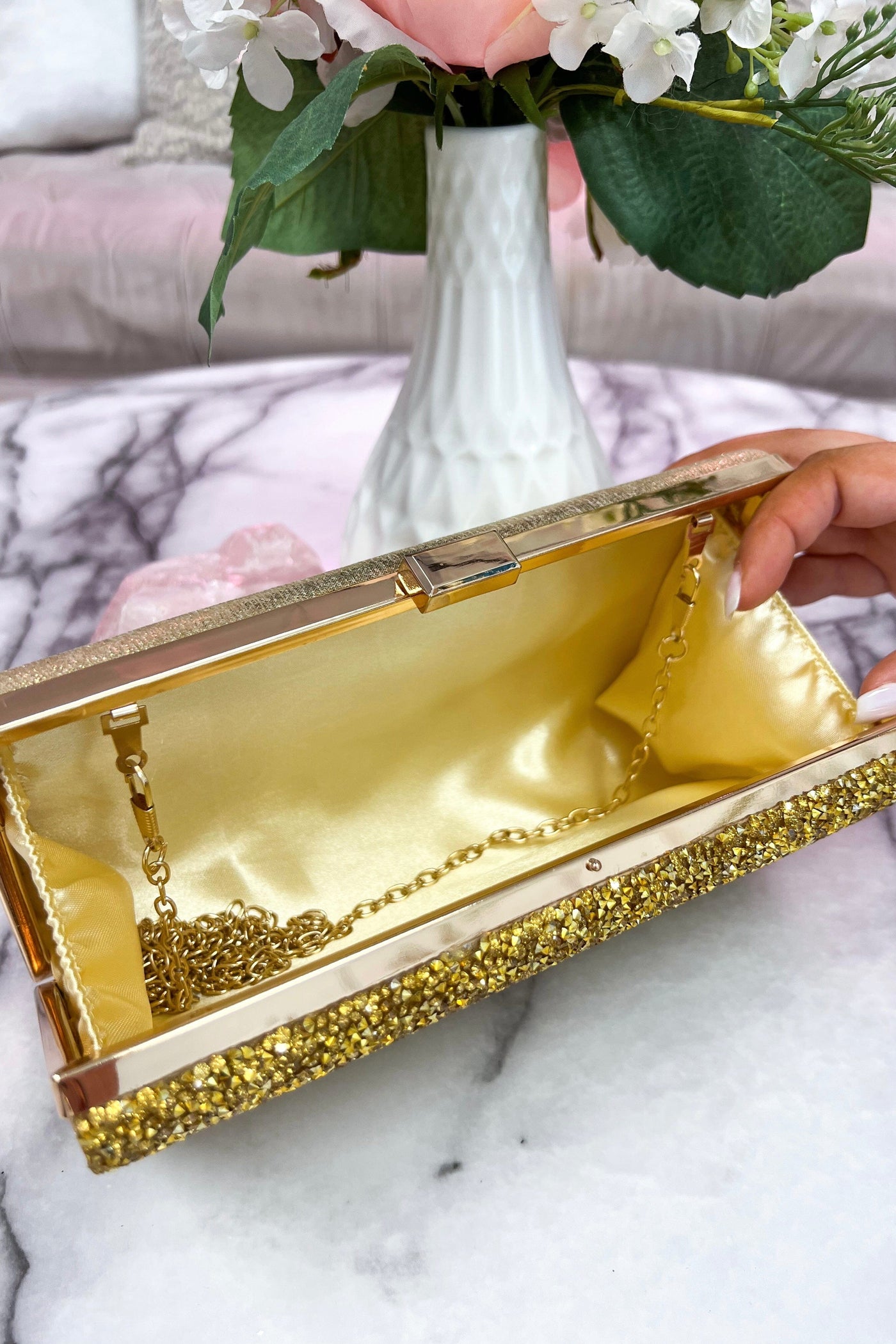 Gala Pearl Embellished Beaded Clutch: Gold - Bella and Bloom Boutique