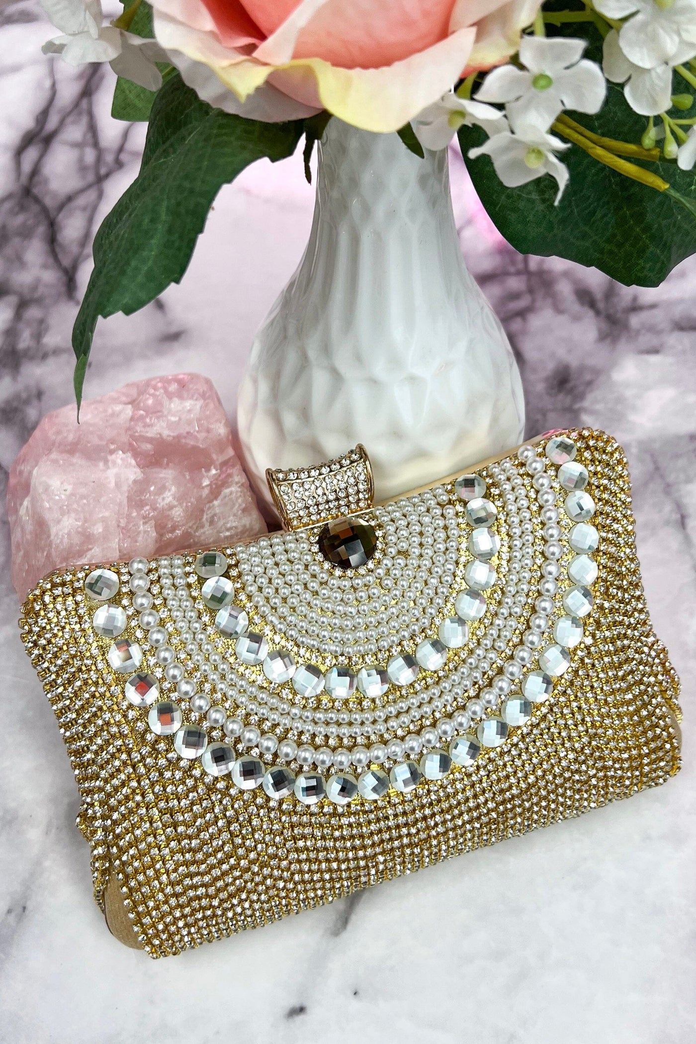 Gala Pearl Embellished Beaded Clutch: Gold - Bella and Bloom Boutique
