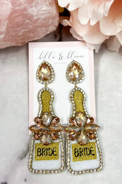 Bachelorette Bride Champagne Bottle Earrings: White/Gold - Bella and Bloom Boutique