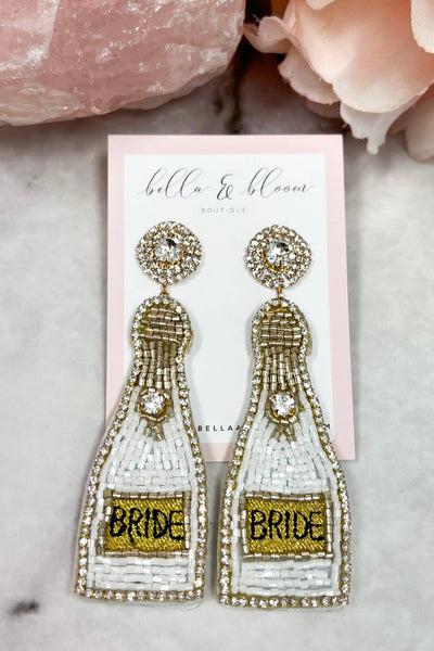 Pop the Champagne Bottle BRIDE Beaded Earrings: White - Bella and Bloom Boutique