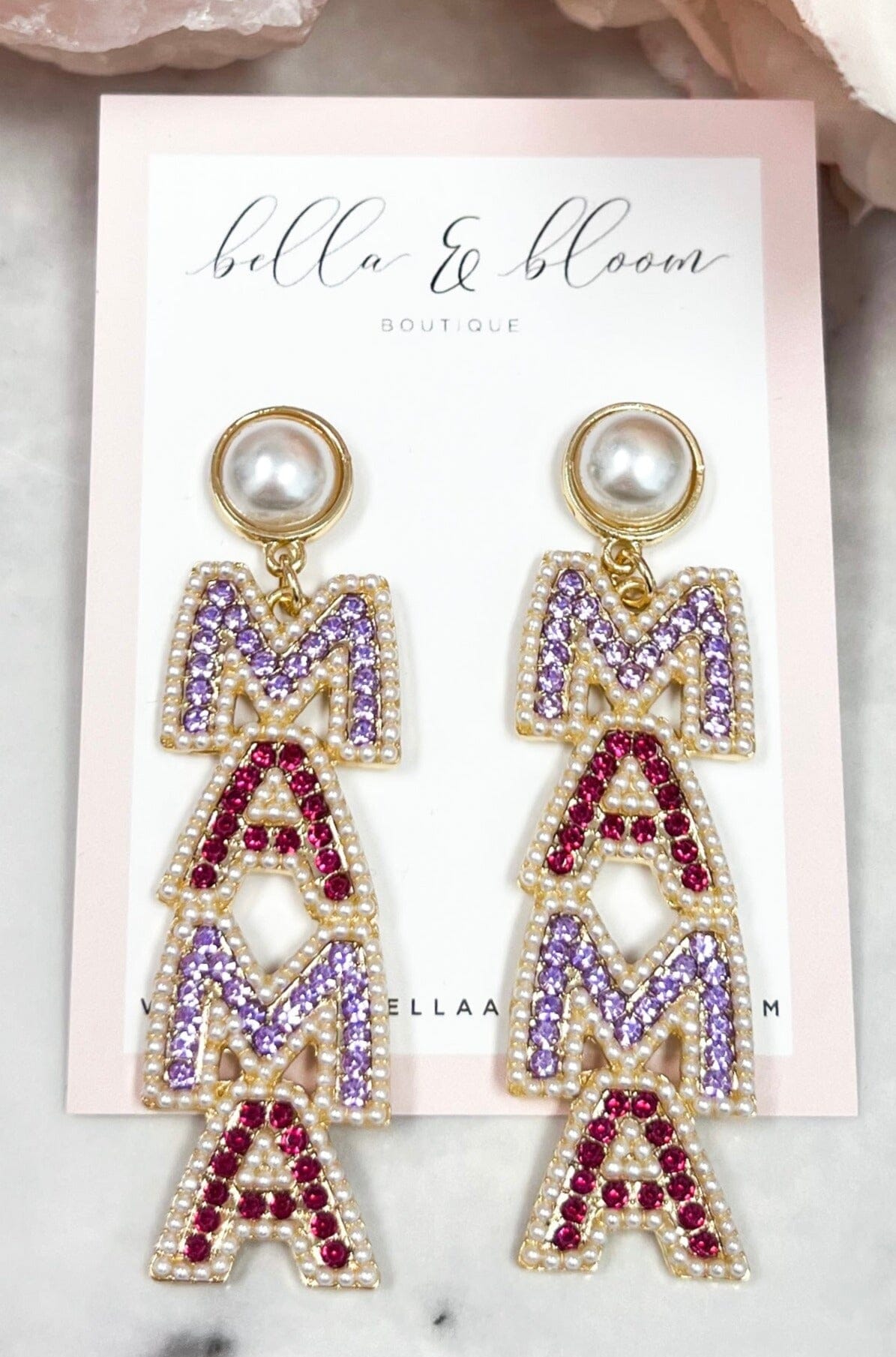 Embellished MAMA Earrings: Pink/Lavender Multi - Bella and Bloom Boutique