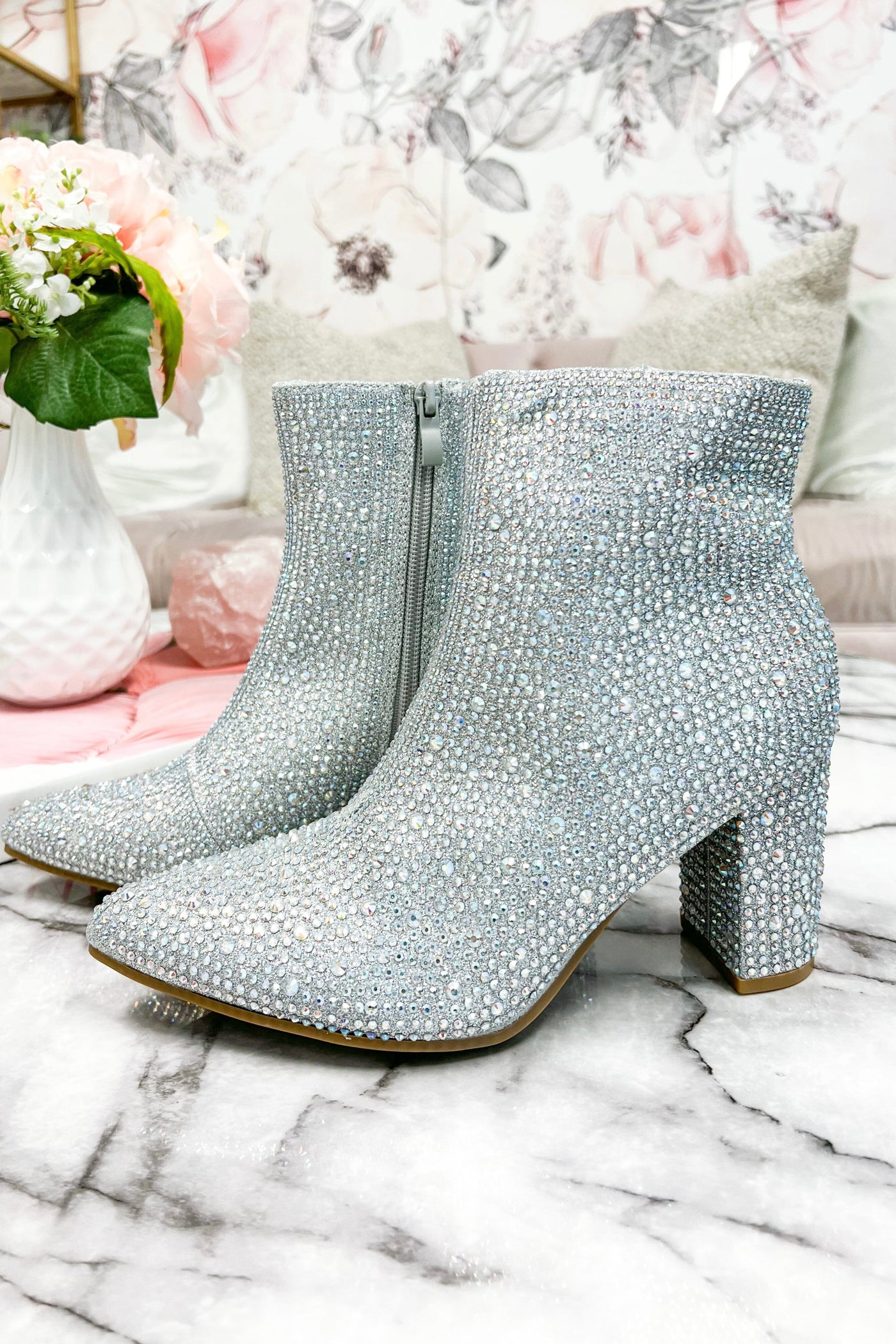 Taylor Sparkly Rhinestone Embellished Booties: Silver - Bella and Bloom Boutique