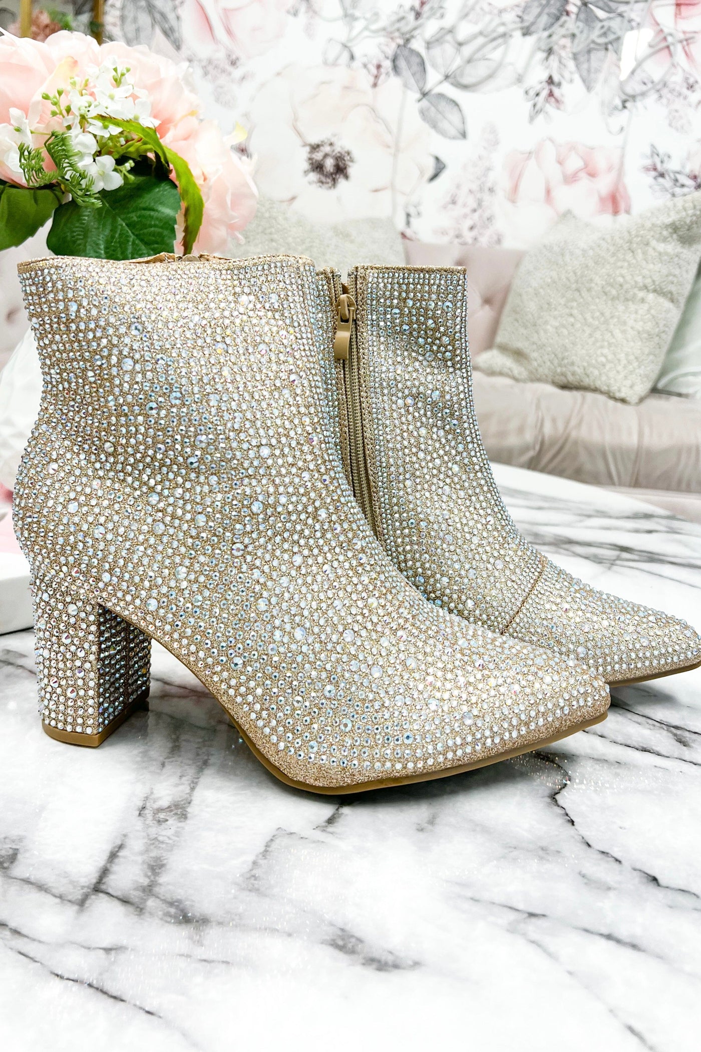 Taylor Sparkly Rhinestone Embellished Booties: Gold - Bella and Bloom Boutique