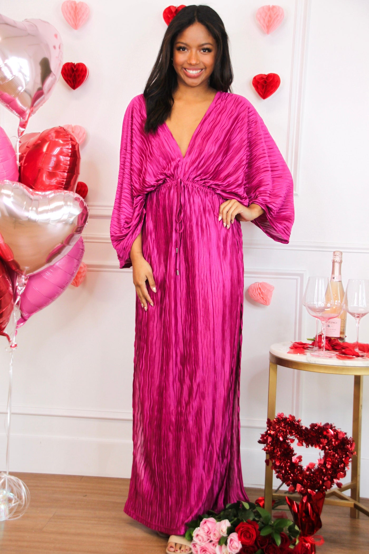 Junie Pleated Batwing Maxi Dress: Magenta - Bella and Bloom Boutique