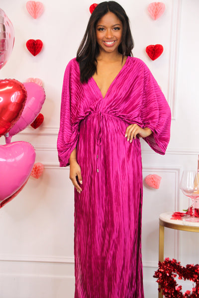 Junie Pleated Batwing Maxi Dress: Magenta - Bella and Bloom Boutique