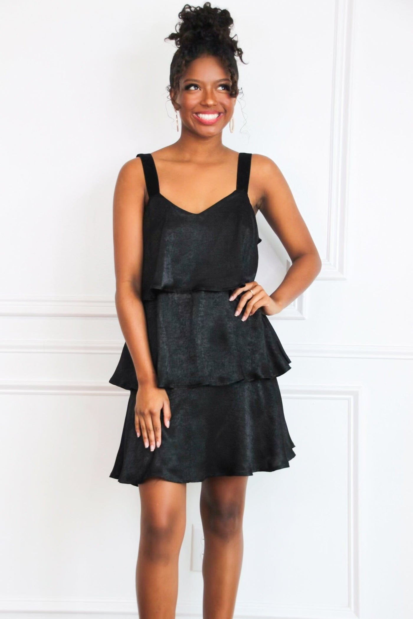 Tiered to Perfection Satin Dress: Black - Bella and Bloom Boutique