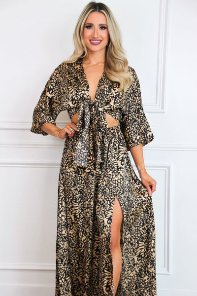 Wild About You Satin Cutout Maxi Dress: Black/Taupe - Bella and Bloom Boutique