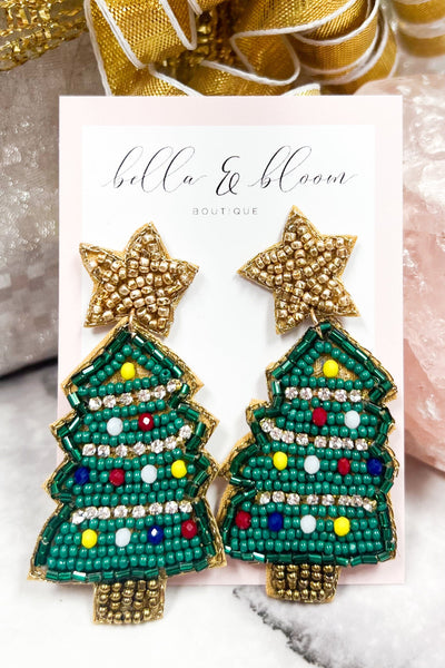 Christmas Tree Beaded Holiday Earrings: Green Multi - Bella and Bloom Boutique