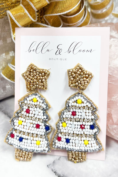 Christmas Tree Beaded Holiday Earrings: White Multi - Bella and Bloom Boutique