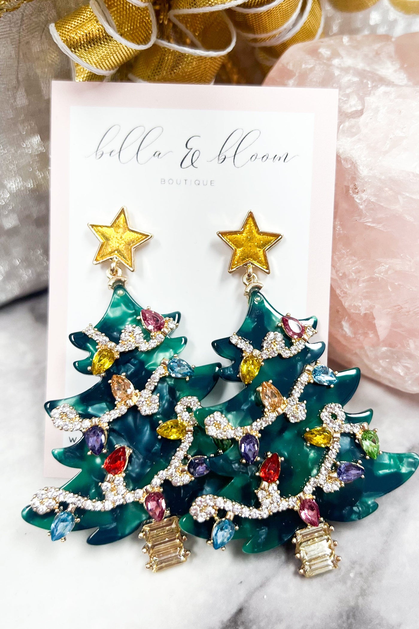 Acrylic Christmas Tree Holiday Earrings: Green/Gold Multi - Bella and Bloom Boutique