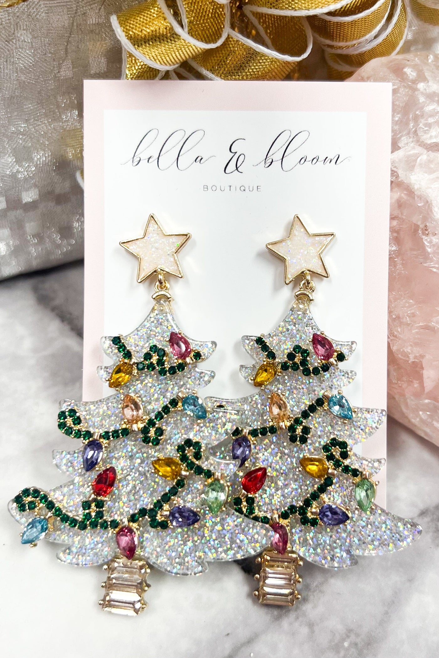 Acrylic Christmas Tree Holiday Earrings: Silver/Gold Multi - Bella and Bloom Boutique