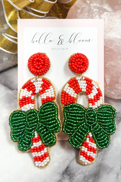 Candy Cane Beaded Holiday Earrings: Red/Green/White - Bella and Bloom Boutique
