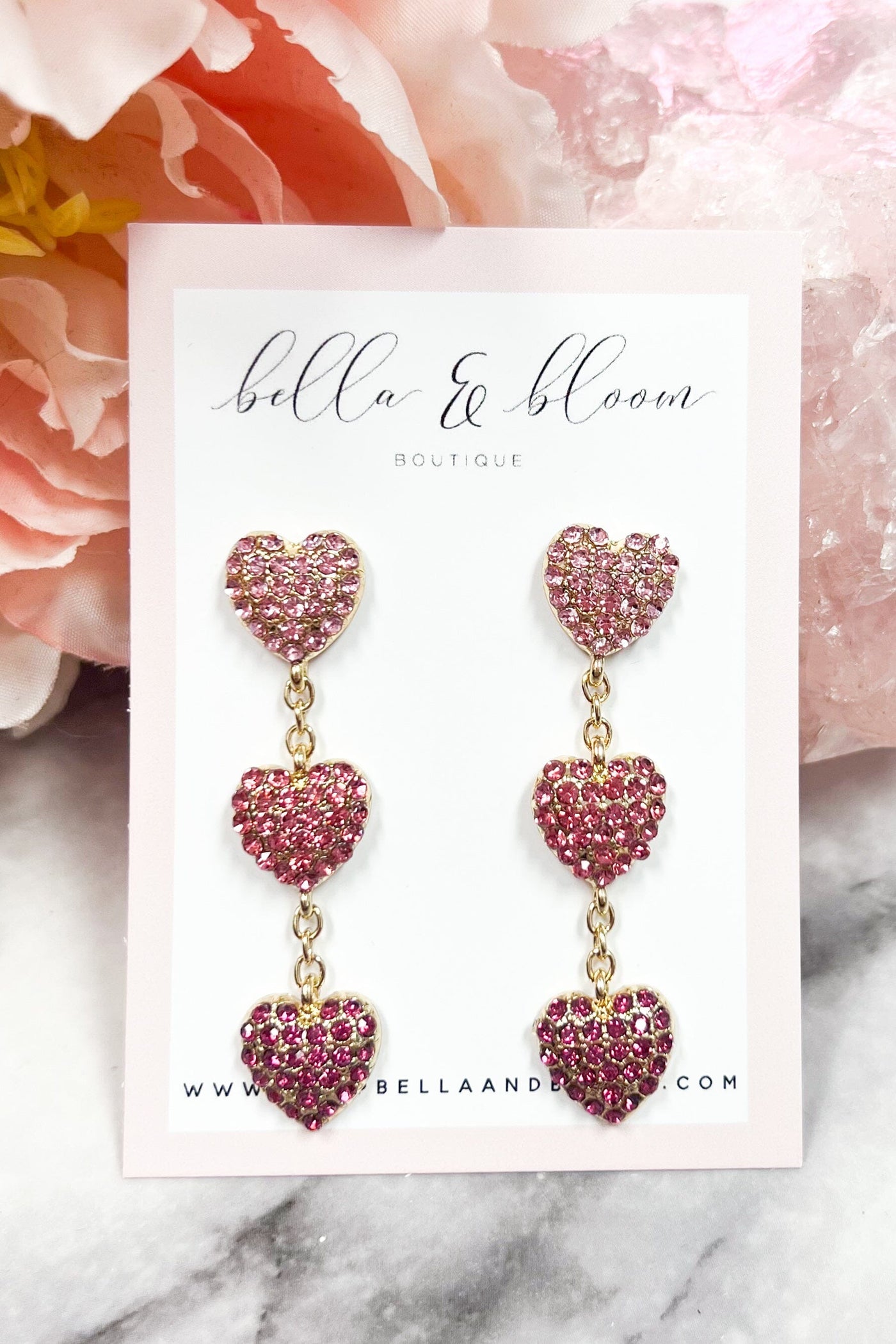 Zoe Tri-Color Embellished Heart Earrings: Pink - Bella and Bloom Boutique