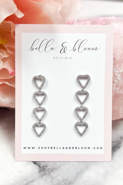 Heart Drop Embellished Earrings: Silver - Bella and Bloom Boutique