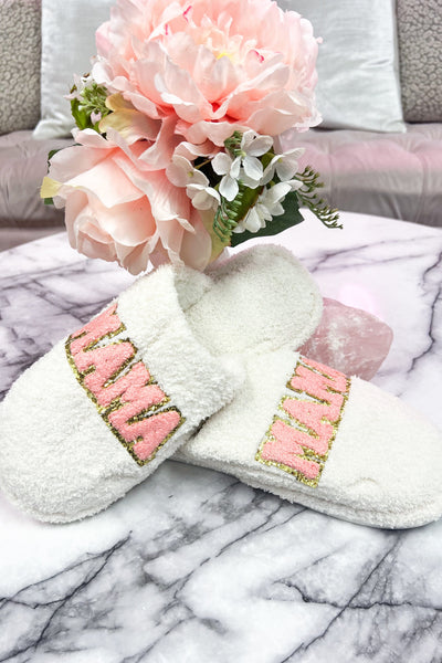 MAMA Patch Fuzzy Slippers: White - Bella and Bloom Boutique