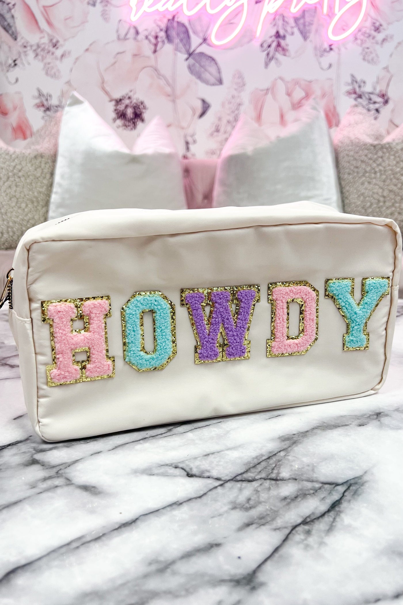 HOWDY Patch Cosmetic Bag: White Multi - Bella and Bloom Boutique