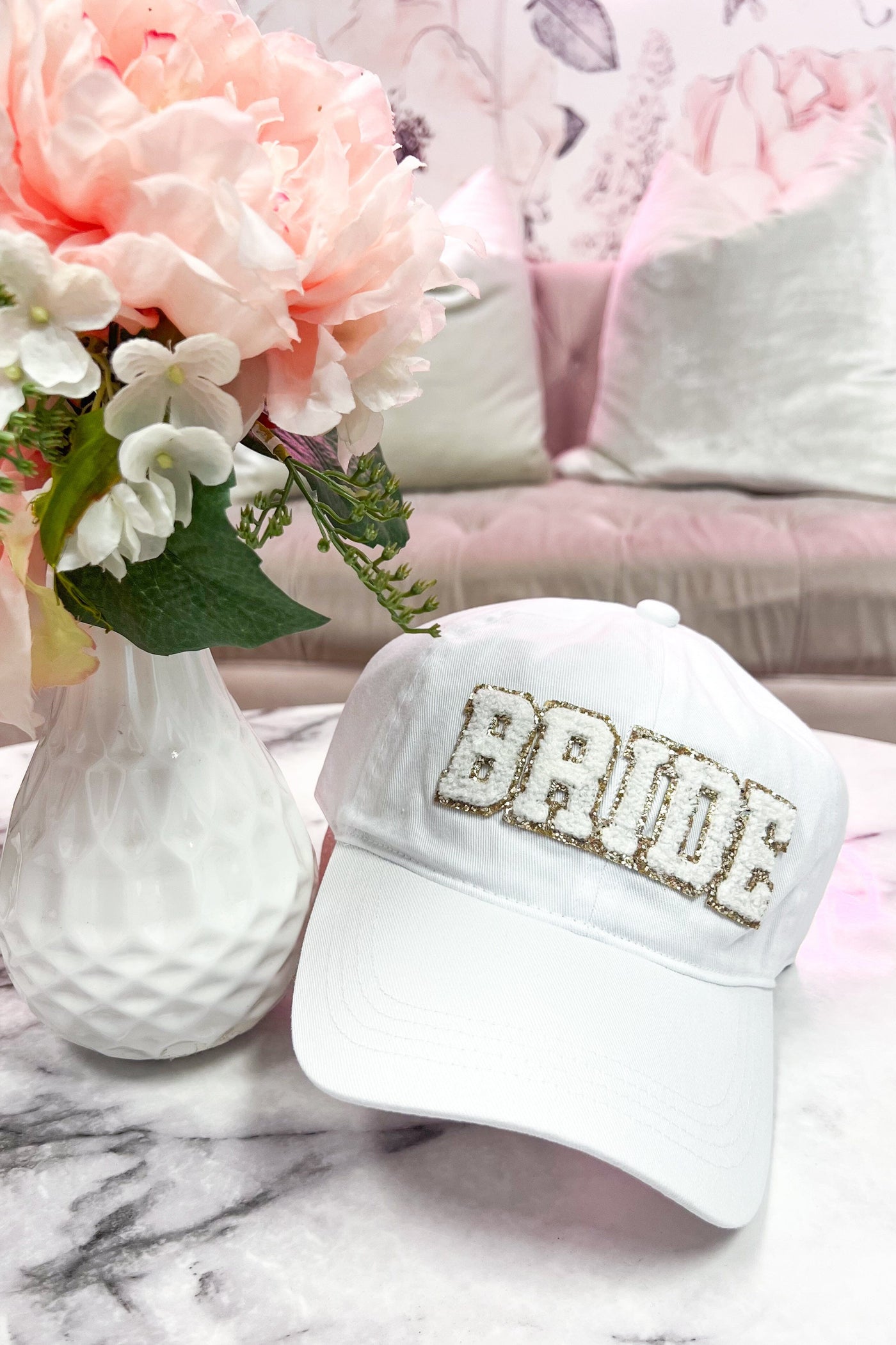 BRIDE Letter Patch Baseball Cap: White/Gold - Bella and Bloom Boutique