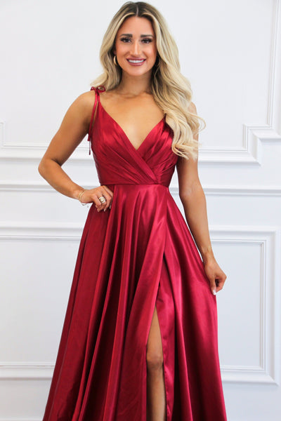 Born to Love You Satin Slit Formal Dress: Burgundy - Bella and Bloom Boutique